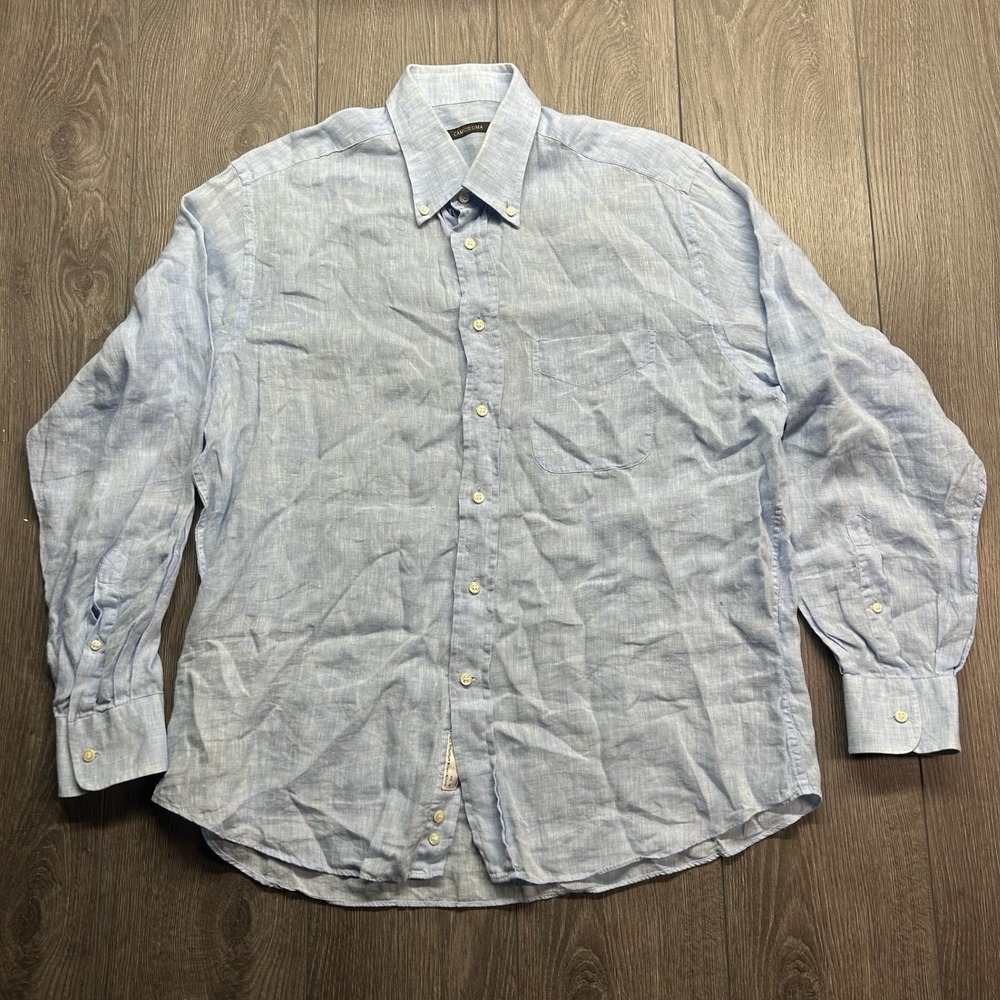 Camicissima Mens Light Blue Linen Button Down Shirt Size 44 17.5 XL Long Sleeve